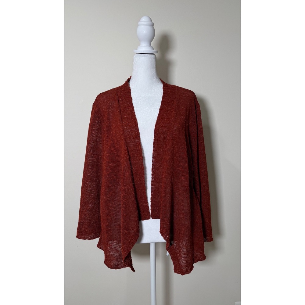 EILEEN FISHER Linen Cotton Blend Knit Open Front Cardigan Sweater Rust Orange L
